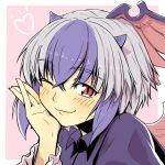  blue_hair blush close-up face hands head_wings horns multicolored_hair portrait red_eyes shiba_itsuki short_hair silver_hair simple_background smile solo tokiko_(touhou) touhou two-tone_hair wings wink 
