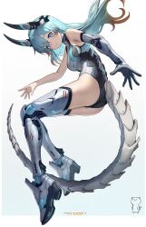  1girl absurdres akemiya_genma ass bare_shoulders blue_eyes blue_hair bone_tail commentary_request expressionless from_below from_side full_body gradient_eyes gradient_hair highres horns leotard long_hair looking_at_viewer mechanical_arms mechanical_hands mechanical_legs multicolored_eyes multicolored_hair original pink_eyes shiny_skin shoes single_mechanical_hand solo tail thighs 