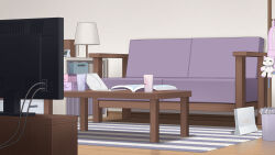  bag blue_archive commentary_request couch cup desk_lamp highres indoors lamp lampshade mikan_battery no_humans still_life stuffed_toy table tagme television wooden_table 