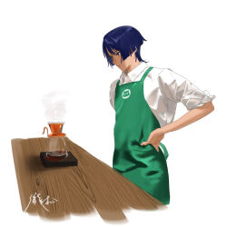  1boy animal_print apron bishounen blunt_ends boiling cat_print choppy_bangs closed_mouth coffee coffee_filter collared_shirt commentary_request cropped_legs cup expressionless genshin_impact green_apron hand_on_own_hip highres looking_at_object male_focus purple_hair scaramouche_(cat)_(genshin_impact) scaramouche_(genshin_impact) shirt sleeves_rolled_up solo table takimura_usa taller_than_canon tsurime undershirt white_background white_shirt white_sleeves wooden_table 