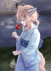  1girl aerial_fireworks alternate_costume animal_ears arknights bag bagged_fish blonde_hair blue_eyes blue_kimono blue_sash candy_apple commentary_request extra_ears fireworks fish floral_print food fox_ears fox_girl fox_tail from_side genjaku goldfish grass highres holding holding_candy_apple holding_food japanese_clothes kimono lake low_twintails material_growth medium_hair messy_hair obi oripathy_lesion_(arknights) plastic_bag sash solo summer_festival sussurro_(arknights) sweat tail twilight twintails wide_sleeves 