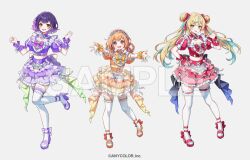 3girls :d above-cleavage_cutout aqua_eyes aqua_hair aqua_streaks blonde_hair braid claw_pose clothing_cutout collared_shirt commentary company_name copyright_notice crop_top double_bun frilled_thigh_strap grey_background hair_bun hair_ribbon hands_up high_heels idol_clothes kheng_(k_heng1223) kirara_tamako layered_skirt long_hair looking_at_viewer midriff multicolored_hair multiple_girls nanase_suzuna nijisanji official_alternate_costume official_art open_hand open_mouth orange_eyes orange_hair orange_shirt orange_shoes orange_skirt outstretched_arms puffy_short_sleeves puffy_sleeves purple_hair purple_ribbon purple_shirt purple_shoes purple_skirt red_shirt red_shoes red_skirt ribbon sample_watermark shirt shoes short_hair short_sleeves simple_background skirt smile standing standing_on_one_leg streaked_hair tachitsute_toto thigh-highs thigh_strap virtual_youtuber watermark white_thighhighs wristband yellow_eyes 