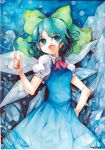  :d aqua_eyes aqua_hair blue_eyes blue_hair bow calligraphy_brush_(medium) cirno color_ink_(medium) crystal fairy_wings fang gradient_eyes green_eyes hair_bow hand_on_hip hands hips index_finger_raised mosho multicolored_eyes open_mouth pointing raised_finger short_hair smile solo touhou traditional_media watercolor_(medium) wings 