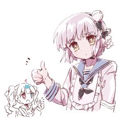  +_- 2girls boro_(tn-boro) bud commentary_request flower hair_flower hair_ornament heterochromia long_hair magical_girl mahou_shoujo_ikusei_keikaku mahou_shoujo_ikusei_keikaku_aces multiple_girls nakano_sorami pink_hair sailor_collar school_uniform short_hair snow_white_(mahoiku) stuffed_toy thumbs_up twintails white_background white_flower yellow_eyes 