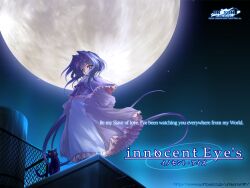  1girl animal blue_hair bow capelet cat chain-link_fence dress fence frilled_dress frills fujiwara_warawara full_moon hair_bow hair_intakes innocent_eye's long_dress long_hair low_ponytail moon night official_art orange_eyes ponytail shion(innocent_eye's) standing third-party_source very_long_hair web_address 