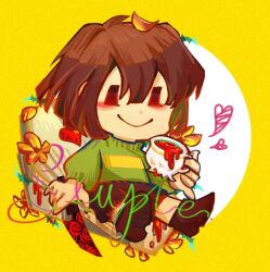  1other 2021 2d ambiguous_gender ambiguous_red_liquid boots border brown_boots brown_hair brown_shorts chara_(undertale) chibi chibi_only commentary cup digital_media english_commentary flower full_body green_shirt heart holding holding_cup holding_knife horizontal-striped_clothes human image_sample knife kophnar352_(discoice) long_sleeves other_focus outside_border petals red_eyes round_border shirt short_hair shorts simple_background single_horizontal_stripe smile solo striped_clothes striped_shirt teacup two-tone_background two-tone_shirt undertale utdr_(toby_fox) white_background yellow_background yellow_border yellow_flower yellow_petals yellow_stripes 