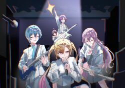  5girls animal_ears band_(music) bang_dream! bang_dream!_yumemita black_hair blonde_hair blue_hair concert dress electric_guitar flare float_gaohyu fuji_miyako grey_hair guitar hair_ornament hairclip highres holding holding_guitar holding_instrument holding_microphone instrument keyboard_(instrument) keytar long_hair long_sleeves looking_at_viewer melodica microphone minetsuki_ritsu miyanaga_nonoka mugendai_mewtype_(bang_dream!) multicolored_hair multiple_girls nakamachi_arale open_mouth photo-referenced pink_hair playing_guitar playing_instrument purple_hair sengoku_yuno short_hair skirt smile spotlight stage stage_lights twintails violet_eyes 