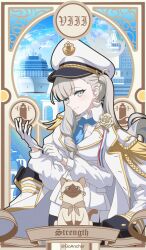  1girl adjusting_clothes adjusting_gloves aqua_halo artist_name ascot blue_archive blue_ascot blue_eyes blue_streaks breasts brown_hair card_(medium) cat coat coat_on_shoulders collared_shirt commentary english_text epaulettes gloves goanchor grey_halo halo hat highres jacket large_breasts long_hair long_single_sidelock looking_at_viewer military_coat minato_(blue_archive) multicolored_eyes multicolored_hair odyssey_maritime_school_logo peaked_cap roman_numeral sammy_(blue_archive) shirt skirt solo streaked_hair strength_(tarot) tarot tarot_(medium) twitter_username two-tone_eyes whale_earrings white_coat white_gloves white_hat white_jacket white_shirt white_skirt yellow_eyes 