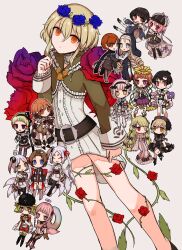  6+girls amy_(mahoiku) belt black_bow black_dress black_flower black_hair black_hairband black_rose black_thighhighs blonde_hair blue_bow blue_eyes blue_flower blue_rose blunt_bangs bone_print bow brown_hair butter_run cape closed_mouth commentary_request cranberry_(mahoiku) deerstalker detached_sleeves detec_bell detective dress drill_hair eyepatch flower fox_tail frilled_dress frills fukuroi_marika fur_cape green_hair grey_background grey_hair grey_skirt hair_flower hair_ornament hairband halo hat highres holding_hands japanese_clothes lapis_lazuline leaf long_hair magical_girl mahou_shoujo_ikusei_keikaku mahou_shoujo_ikusei_keikaku_f2p mahou_shoujo_ikusei_keikaku_jokers mahou_shoujo_ikusei_keikaku_limited mahou_shoujo_ikusei_keikaku_restart mahou_shoujo_ikusei_keikaku_unmarked melville_(mahoiku) monako_(mahoiku) multicolored_hair multiple_drills multiple_girls nun nun_headdress nurse_cap open_mouth orange_eyes orange_hair pfle pink_hair plant pleated_skirt postarie purple_bow rain_pow red_eyes red_flower red_hair red_rose rose sailor_collar school_uniform shadowgale short_hair sister_nana skirt smile snow_white_(mahoiku) styler_mimi tail thigh-highs tot_pop twin_drills two-tone_hair vines violet_eyes weiss_winterprison white_flower white_hair white_thighhighs x_hair_ornament yellow_eyes yellow_flower 