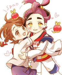  >_< 1boy 1girl applin black_hair blush braid brown_eyes brown_hair commentary_request gloves heart hetero highres hug jacket juliana_(pokemon) kieran_(pokemon) long_hair long_sleeves looking_at_viewer nagiri_549 open_clothes open_jacket open_mouth pokemon pokemon_scarlet_and_violet purple_hair red_gloves red_tank_top shirt short_sleeves shorts simple_background single_glove tank_top white_background white_jacket white_shirt yellow_eyes 
