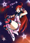  ahoge android armpits boots earmuffs gloves headphones headset kriss_sison long_hair miki miki_(vocaloid) open_mouth red_eyes red_hair redhead sf-a2_miki sky solo space star star_(sky) starry_sky striped striped_legwear thigh-highs thighhighs vocaloid 