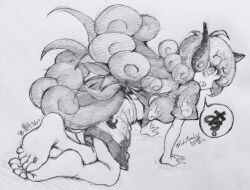  1girl absurdres all_fours alt_text barefoot carbohydrate_(asta4282) commentary_request curly_hair full_body greyscale highres horns komano_aunn long_hair looking_back monochrome open_mouth shirt short_sleeves shorts simple_background single_horn solo speech_bubble touhou traditional_media translation_request 