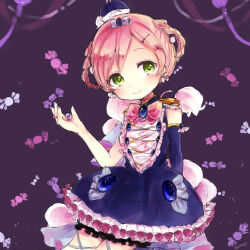  1girl blue_dress blue_gem blue_gloves bluebell_candy blush candy closed_mouth commentary_request dress elbow_gloves food food-themed_background frilled_dress frills gem gloves green_eyes hat iipoyo_(364poyo) looking_at_viewer magical_girl mahou_shoujo_ikusei_keikaku mahou_shoujo_ikusei_keikaku_aces pink_hair short_hair single_elbow_glove 