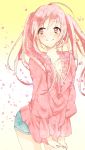  hatsune_miku highres koko_(pixiv56390) long_hair petals pink_eyes pink_hair sakura_miku smile solo twintails very_long_hair vocaloid 