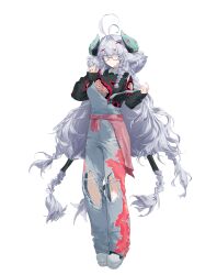  1girl absurdres antenna_hair aqua_eyes aqua_horns aqua_nails black_horns black_shirt black_shoes braid closed_mouth commentary detached_collar english_commentary fingernails full_body grey_overalls hair_between_eyes hair_ornament highres horns long_fingernails long_hair long_sleeves looking_at_viewer multicolored_horns multicolored_overalls multicolored_shoes nail_polish original overalls playing_with_own_hair red_horns red_overalls round_eyewear shibuya_(kurokamishain) shirt shoes simple_background solo tachi-e torn_clothes torn_overalls torn_shirt two-tone_overalls two-tone_shoes white_background white_hair white_shoes x_hair_ornament 