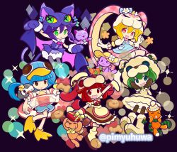  5girls animal animal_ears animal_hat apron arm_up bat_wings beanie bear bear_ears bear_hat bell belt belt_buckle bird black_background blonde_hair blue_eyes blue_hair blue_shorts blunt_bangs boots bow bowtie box brown_apron brown_boots brown_dress brown_eyes brown_hat brown_mittens brown_shirt buckle buttons carrot cat cat_ears cat_hat clothed_animal commentary_request dog dog_hat dress flower fur-trimmed_boots fur_trim gloves green_bow green_bowtie green_eyes green_hair green_scarf hair_flower hair_ornament hand_up hands_on_own_cheeks hands_on_own_face hat heart-shaped_box hibiscus holding holding_box holding_swim_ring innertube jingle_bell kumagurumi_(puyopuyo) long_hair looking_at_viewer mittens multiple_girls neckerchief nyangurumi_(puyopuyo) official_style open_mouth orange_eyes pantyhose parted_lips paw_shoes penguin penguin_hat pengurumi_(puyopuyo) pimyuhuwa pink_belt pink_bow pink_bowtie pink_dress polka_dot polka_dot_dress pom_pom_(clothes) pom_pom_beanie purple_cat purple_dress purple_gloves purple_hair purple_pantyhose purple_wings puyopuyo puyopuyo_quest rabbit rabbit_ears rabbit_hat red_bow red_bowtie red_eyes red_hair ribbon scarf shirt shoes short_hair shorts shorts_under_dress simple_background sleeveless sleeveless_dress sleeveless_shirt smile sparkle striped_clothes striped_scarf stuffed_animal stuffed_cat stuffed_dog stuffed_penguin stuffed_rabbit stuffed_toy sun_hat swim_ring teddy_bear twitter_username usagurumi_(puyopuyo) waist_apron wangurumi_(puyopuyo) white_gloves white_shorts wings yellow_flower yellow_hat yellow_neckerchief yellow_ribbon yellow_shoes 