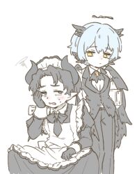  1boy 1girl angela_(project_moon) apron ascot black_eyes black_hair black_horns black_necktie blue_hair blush butler cowboy_shot crossdressing crossdressing_(mtf) demon_horns female_butler halo head_wings horns juliet_sleeves library_of_ruina lily26983455 long_sleeves maid male_maid necktie open_mouth project_moon puffy_sleeves roland_(project_moon) short_hair simple_background sweat white_apron white_background wing_ears wings yellow_eyes 