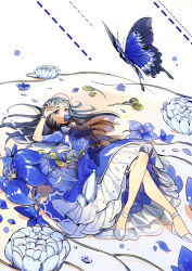  1girl absurdres blue_butterfly blue_dress blue_eyes blue_flower blue_hair blue_nails blue_theme bow bowtie bracelet breasts bug butterfly colored_bangs colored_eyebrows commentary covered_mouth dotted_line dress english_commentary eyelashes flower flower_in_mouth flower_request full_body grey_hair hand_on_own_head highres jewelry knee_up large_breasts long_hair looking_at_viewer lying multicolored_hair on_back original pearl_bracelet petals shoes short_sleeves solo two-tone_bracelet two-tone_hair white_bow white_bowtie white_flower white_shoes yoganeko 
