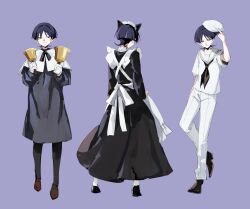  1boy alternate_costume animal_ears apron bell black_dress black_hair black_neckerchief black_pantyhose black_shoes black_sleeves blunt_ends breast_pocket brown_shoes capelet cat_ears closed_mouth commentary_request crossdressing crossdressing_(mtf) dress enmaided facing_away fake_animal_ears genshin_impact gold_bell hair_intakes hat hat_tip highres holding holding_bell long_dress long_sleeves looking_at_viewer maid maid_apron maid_headdress male_focus male_maid multicolored_hair multiple_views neckerchief pants pantyhose pocket purple_hair retujyo4go sailor_collar sailor_hat scaramouche_(genshin_impact) shirt shoes short_sleeves smile socks solo streaked_hair tsurime turnaround variations violet_eyes white_apron white_capelet white_pants white_sailor_collar white_shirt white_sleeves white_socks wispy_bangs wolf_cut 