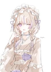  1girl blonde_hair braid choker commentary equal02 hairband heart heart_choker highres hololive hololive_dev_is japanese_clothes kimono lolita_hairband long_hair looking_at_viewer official_alternate_costume official_alternate_hairstyle one_eye_closed open_mouth purple_hair simple_background solo todoroki_hajime todoroki_hajime_(new_year) twin_braids twitter_username untranslatable_commentary violet_eyes virtual_youtuber white_background white_kimono 