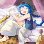  aladdin_(magi) bad_id barefoot blue_hair braid closed_eyes eyes_closed feet flute instrument long_hair lying magi__the_labyrinth_of_magic magi_the_labyrinth_of_magic male midriff pillow reka saliva sarashi single_braid sleeping solo turban vest 