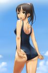  adjusting_swimsuit ass black_eyes black_hair face hands highres long_hair looking_back one-piece_swimsuit onigiri_jou open_mouth original ponytail school_swimsuit solo swimsuit wet 