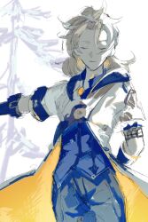  1boy absurdres albedo_(genshin_impact) arm_behind_back arm_up armlet birthmark black_gloves black_hood black_pants blonde_hair blue_shirt braid closed_eyes closed_mouth collared_shirt colored_inner_hair commentary cowboy_shot gem genshin_impact gloves gold_armlet hair_between_eyes half_up_braid high_collar highres hood hoodie jewelry male_focus multicolored_hair orange_gem orange_hair pale_skin pants pendant shirt short_hair simple_background solo standing vision_(genshin_impact) white_background white_hoodie zuu_(kyuudo9) 