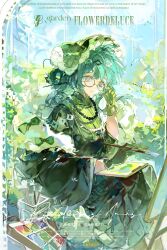  1girl absurdres aqua_hair bonnet bow canvas_(object) character_request chinese_clothes closed_mouth commission copyright_request day glasses gloves green_bonnet green_bow green_gloves green_hanfu grey_eyes hanfu highres holding holding_paintbrush jewelry long_hair long_sleeves looking_at_viewer mihuashi_commission necklace outdoors paint paintbrush painting_(action) sitting sleeve_bow solo watermark wide_sleeves windmill yellow-framed_eyewear yunijuebie 