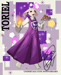  1girl 2026 2d abstract_background absurdres animal_ears animal_nose anniversary anthro barefoot body_fur character_name chococat17 copyright_name delta_rune_(symbol) delta_rune_print digital_media droopy_ears english_text eyelashes fangs female female_only fire floppy_ears food full_body furry furry_female goat goat_ears goat_girl goat_horns goat_tail highres holding holding_food holding_plate horns long_sleeves magic mammal monster monster_girl multicolored_background pastry pie plate print_robe purple_background purple_robe pyrokinesis robe signature simple_background skin_fangs snail solo standing tail tail_tuft toriel undertale utdr_(toby_fox) white_background white_fur white_horns white_sleeves 