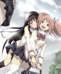  akemi_homura black_hair blue_eyes blush highres hug hug_from_behind kaname_madoka mahou_shoujo_madoka_magica multiple_girls pink_eyes pink_hair school_uniform tears thighhighs time_stop twintails yamahoshi 