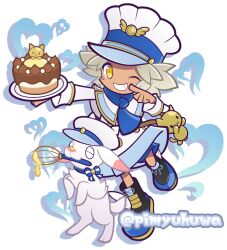  1boy animal animal_collar baby_animal black_boots blue_bow blue_collar blue_hat blue_neckerchief blue_shorts blue_trim boots bow brown_hair buttons cake capelet chef_hat chocolate_cake clothed_animal collar commentary_request cosplay dark-skinned_male dark_skin double-breasted dress finger_to_mouth food goat grin hat heart holding holding_plate horned_hat male_focus mouth_hold neckerchief official_alternate_costume official_style one_eye_closed otsukimi_letta otsukimi_maile otsukimi_maile_(cooking) otsukimi_maile_(cosplay) outstretched_arm pimyuhuwa plate puyopuyo puyopuyo_quest short_hair shorts sleeve_cuffs smile stuffed_animal stuffed_toy twitter_username two-tone_hat whisk white_capelet white_dress white_hat yellow_eyes 
