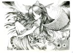  arm_cannon bow feathers graphite_(medium) hair_bow hiddenn long_hair looking_back monochrome reiuji_utsuho short_sleeves skirt solo touhou traditional_media weapon wings 