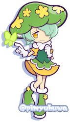  1girl boots bug butterfly closed_mouth commentary_request dress flower footwear_flower full_body gloves green_boots green_butterfly green_hair green_shirt green_skirt hair_over_one_eye hand_up looking_at_animal mushroom_girl mushroom_hat official_style one_eye_covered orange_dress orange_eyes overskirt pimyuhuwa puyopuyo puyopuyo_quest shiita_(puyopuyo) shirt short_hair short_sleeves simple_background skirt sleeveless sleeveless_shirt smile solo standing standing_on_one_leg twitter_username white_background white_gloves yellow_flower 