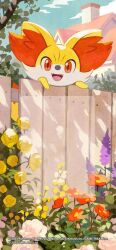  0726mizuki :d animal_focus blue_sky building chimney clouds commentary_request company_name copyright_name copyright_notice day fangs fence fennekin flower highres leaf looking_at_viewer no_humans official_art open_mouth orange_eyes orange_flower outdoors pink_flower pokemon pokemon_(creature) pokemon_focus pokemon_tcg pokemon_tcg_pocket sky smile solo tree white_flower wooden_fence yellow_flower 