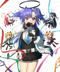  5girls absurdres aris_(blue_archive) black_halo blue_archive blue_necktie chibi commentary_request cowboy_shot game_development_department_(blue_archive) gloves hair_ornament halo highres long_hair looking_at_viewer mechanical_halo midori_(blue_archive) momoi_(blue_archive) multiple_girls necktie purple_hair solo_focus triangle_hair_ornament violet_eyes walking_nakta white_gloves yuuka_(blue_archive) yuzu_(blue_archive) 