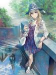  blonde_hair bracelet brown_eyes dress fashion handbag hat highres jewelry original pomodorosa price_tag reflection ripples risa_hibiki solo spire stairs standing watch water 