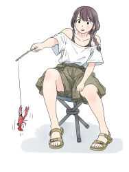  1girl animal bare_shoulders black_eyes black_sports_bra braid brown_sandals brown_shoes commentary_request fishing_line full_body gogo_jolno grey_hair hair_over_shoulder highres holding holding_stick lobster long_hair off-shoulder_shirt off_shoulder on_stool open_mouth original sandals shirt shoes short_sleeves simple_background single_braid sitting solo sports_bra stick stool white_background white_shirt 