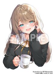  1girl :d aogiri_koukou artist_name bare_shoulders black_sweater blue_eyes blush braid breasts brown_hair character_name coffee_mug collared_shirt commentary_request company_name copyright_name copyright_notice cropped_torso cup earrings hand_on_own_face holding holding_cup jewelry kurikoma_komaru long_hair looking_at_viewer mug neck_ribbon off-shoulder_sweater off_shoulder official_alternate_costume official_art open_mouth ribbon sample_watermark shirt simple_background sleeveless sleeveless_shirt sleeves_past_wrists smile solo sweater virtual_youtuber watermark white_background yukiko_(tesseract) 