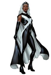  1girl absurdres arms_at_sides black_bodysuit black_boots black_cape black_gloves bodysuit boots breasts cape clip_studio_paint_(medium) closed_mouth commentary dark-skinned_female dark_skin elbow_gloves english_commentary eyelashes facing_to_the_side filipe_sca full_body gloves glowing glowing_eyes hair_slicked_back headpiece high_heel_boots high_heels highres legs_apart lipstick long_hair looking_at_viewer makeup marvel mature_female medium_breasts multicolored_bodysuit narrow_waist red_lips redesign simple_background skin_tight sleeveless sleeveless_bodysuit solid_eyes standing storm_(x-men) superhero_costume two-sided_cape two-sided_fabric very_dark_skin western_comics_(style) white_background white_bodysuit white_cape white_hair x-men x_(symbol) 