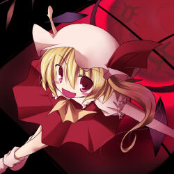  1girl blonde_hair blush bowing commentary_request crystal_wings flamberge_(dantalian_no_shoka) flandre_scarlet frilled_shirt_collar frills haiiro_(immature) hat mob_cap moon red_eyes red_moon side_ponytail slit_pupils socks touhou wings 