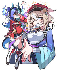  2girls absurdres achichi_mela achichi_mela_(cosplay) animal_ears beamed_eighth_notes black_hair blue_eyes blue_hair blue_nails commentary_request cosplay costume_switch goat_ears gradient_horns hand_to_own_mouth highres hololive horns lizard_tail long_hair long_sleeves medium_hair multicolored_hair multicolored_horns multiple_girls musical_note one_eye_closed own_hands_together palms_together pink_eyes realapple red_nails red_streaks salamander_girl simple_background spoken_blush streaked_hair suzuna_tsuzuri suzuna_tsuzuri_(cosplay) tail virtual_youtuber white_background 