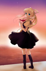  1girl air_(visual_novel) backlighting black_boots black_socks blonde_hair boots evening full_body green_eyes hair_ribbon highres kamio_misuzu key_(company) kneehighs loafers long_hair looking_at_viewer ocean puffy_short_sleeves puffy_sleeves ribbon school_uniform shoes shore short_sleeves socks solo standing sun sunset tareme twintails very_long_hair white_ribbon yumegi_atsuki 