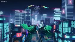  2girls absurdres ahoge aokocyan aqua_jacket aqua_shoes blue_eyes blue_shorts cityscape commentary_request ghost_girl ghost_hands ghost_tail green_hair headphones highres jacket linko_(nte) looking_at_viewer multiple_girls neverness_to_everness night pink_hair pink_socks shoes short_hair short_shorts shorts socks thigh_strap xiaozhen_(nte) 