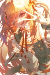  1girl absurdres black_thighhighs blonde_hair diing_ku highres hololive hololive_dev_is long_hair one_eye_closed open_mouth otonose_kanade red_eyes simple_background smile solo thigh-highs thighs v virtual_youtuber white_background 