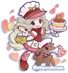  1girl animal animal_collar baby_animal black_eyes blue_eyes bouquet bow brown_hair buttons cake capelet chef_hat clothed_animal collar commentary_request double-breasted dress flower food fruit goat hat heart holding holding_plate holding_whisk horned_hat leg_warmers long_hair mouth_hold neckerchief official_alternate_costume official_style open_mouth otsukimi_maile otsukimi_maile_(cooking) pimyuhuwa plate puyopuyo puyopuyo_quest red_bow red_collar red_flower red_hat red_leg_warmers red_neckerchief red_shoes red_trim shoes sleeve_cuffs smile strawberry stuffed_animal stuffed_toy twitter_username two-tone_hat very_long_hair whisk white_capelet white_dress white_hat 