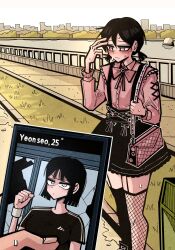  1girl 1other absurdres adidas averting_eyes bag black_garter_straps black_shirt black_skirt black_thighhighs blunt_bangs blush closed_mouth commentary fishnet_thighhighs fishnets garter_straps hansoom_(latebirdwakeup) high-waist_skirt highres holding holding_phone looking_at_viewer original outdoors phone pink_bag pink_shirt pov river shirt short_hair short_sleeves short_twintails skirt skyline sweat t-shirt thigh-highs twintails wristband 