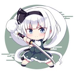  1girl black_bow black_bowtie black_hairband blue_eyes bow bowtie chibi chibi_only collared_shirt commentary_request egasumi frilled_skirt frills full_body green_skirt green_vest grey_hair hairband highres hitodama holding holding_sword holding_weapon katana kominato_haru konpaku_youmu konpaku_youmu_(ghost) looking_at_viewer puffy_short_sleeves puffy_sleeves sheath sheathed shirt short_sleeves simple_background skirt skirt_set solo sword sword_on_back touhou unsheathed vest weapon weapon_on_back white_background white_shirt 