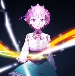  1girl aqua_skirt artist_name ascot aura blood blood_on_face corset dirty dirty_clothes dirty_face facing_viewer frilled_skirt frills hair_ribbon headdress highres horns long_sleeves mandarin_cookie official_alternate_costume parted_lips pink_ascot pink_eyes pink_hair purple_ribbon ram_(re:zero) re:zero_kara_hajimeru_isekai_seikatsu ribbon shirt short_hair single_horn skirt solo white_shirt 