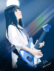  1girl black_eyes black_hair blush closed_mouth commentary electric_guitar fantasy6gp677 fender_jazzmaster girls_band_cry guitar happy_birthday highres instrument kawaragi_momoka light_particles logo necktie playing_guitar playing_instrument real_life shirt striped_clothes striped_necktie voice_actor voice_actor_connection white_shirt yuri_(voice_actor) 