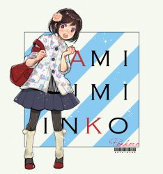  1girl :o aldnoah.zero alternate_costume amifumi_inko bag barcode black_hair black_pantyhose blue_skirt blush brown_eyes buttons casual commentary_request floral_print flower frilled_shirt_collar frills full_body hair_flower hair_ornament highres kinohe leg_warmers nose_blush open_mouth pantyhose pleated_skirt red_bag short_hair shoulder_bag skirt striped_clothes striped_pantyhose teeth upper_teeth_only white_leg_warmers 